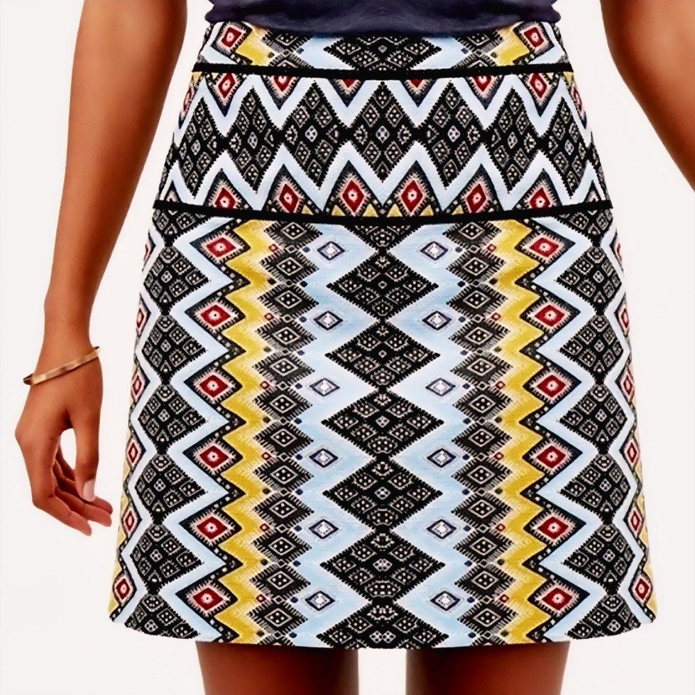 LOFT Petites Aztec Geometric A Line Skirt Women's Size 10P Blue Yellow Black Red